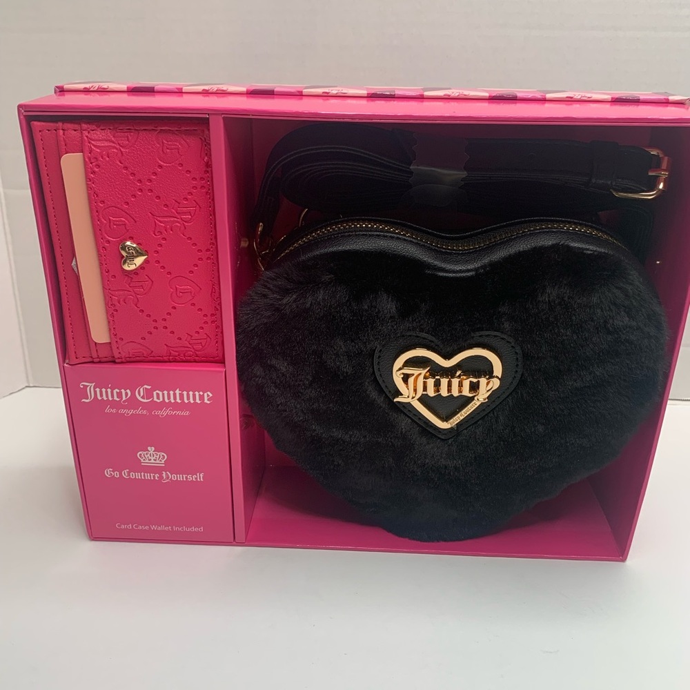 Juicy Couture Black Faux Fur Heart Crossbody- Adorable Statement bag